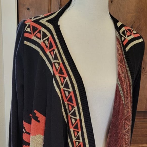 Hooked Up by IO Women'  Aztec Design Side Hi Low Open Long  Sleeve Cardigan M - Picture 5 of 12